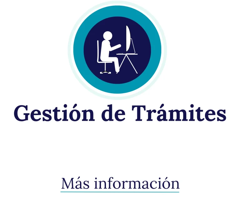 Icono de una persona sentada frente a un ordenador, con el texto "Gestión de Trámites".