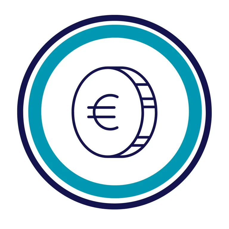 Moneda con símbolo del euro dentro de un círculo colorido.