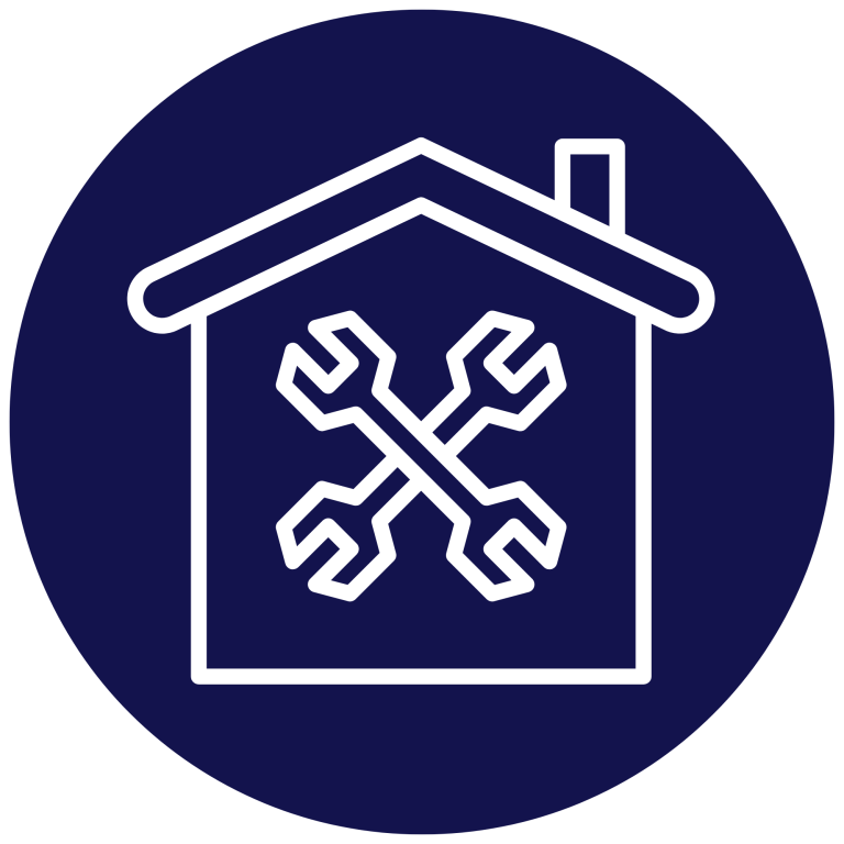 Icono de casa con herramientas cruzadas en su interior, sobre fondo azul.