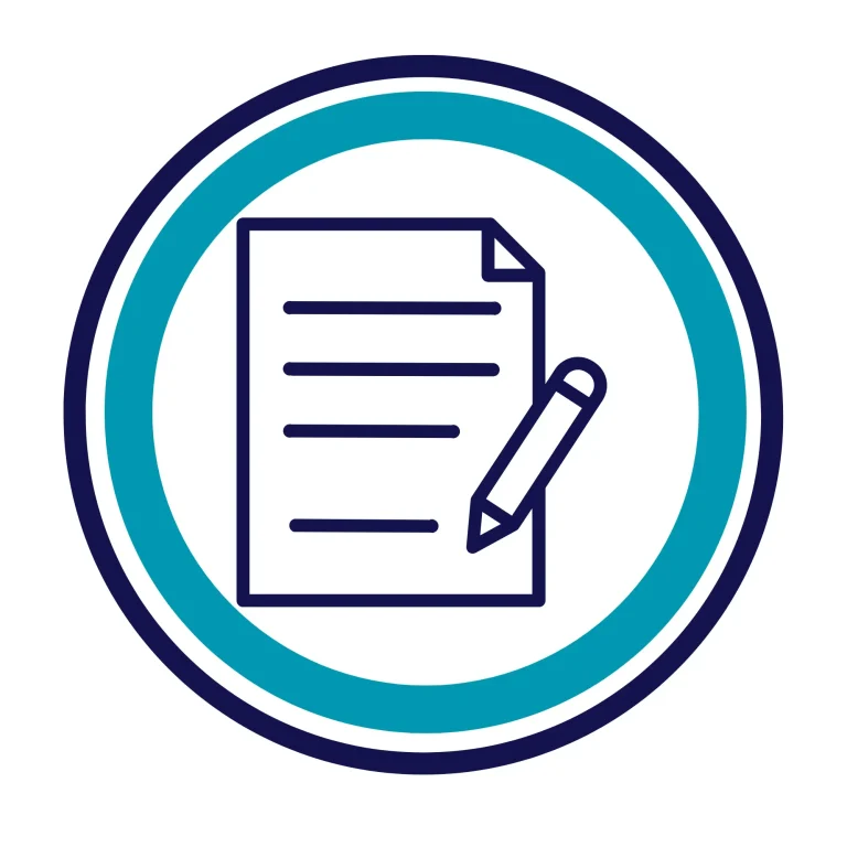 Icono de un documento con líneas y un lápiz, todo dentro de un círculo para la gestión de un trámite