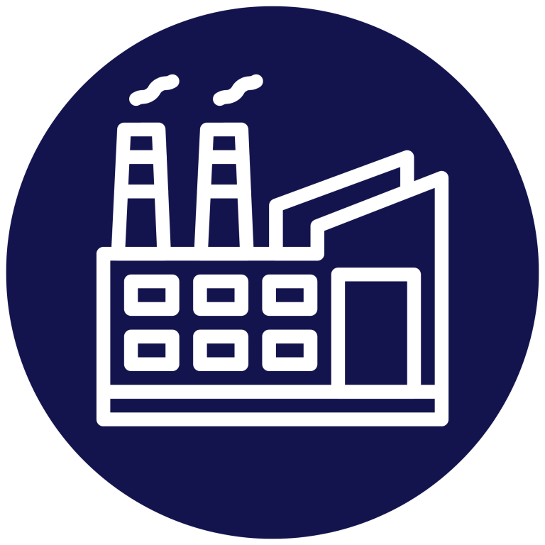 Icono de una fábrica con chimeneas y una estructura industrial.