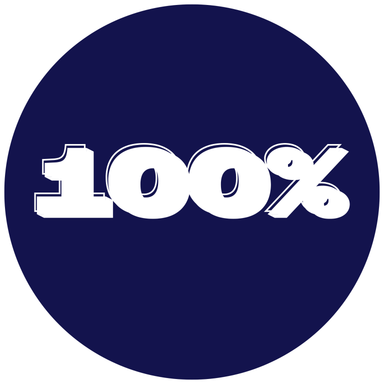 Texto en un fondo circular azul que dice "100%".