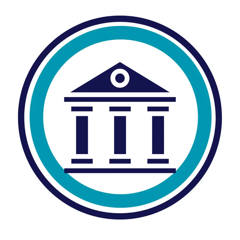 Icono de edificio con columnas, representando una institución o banco.