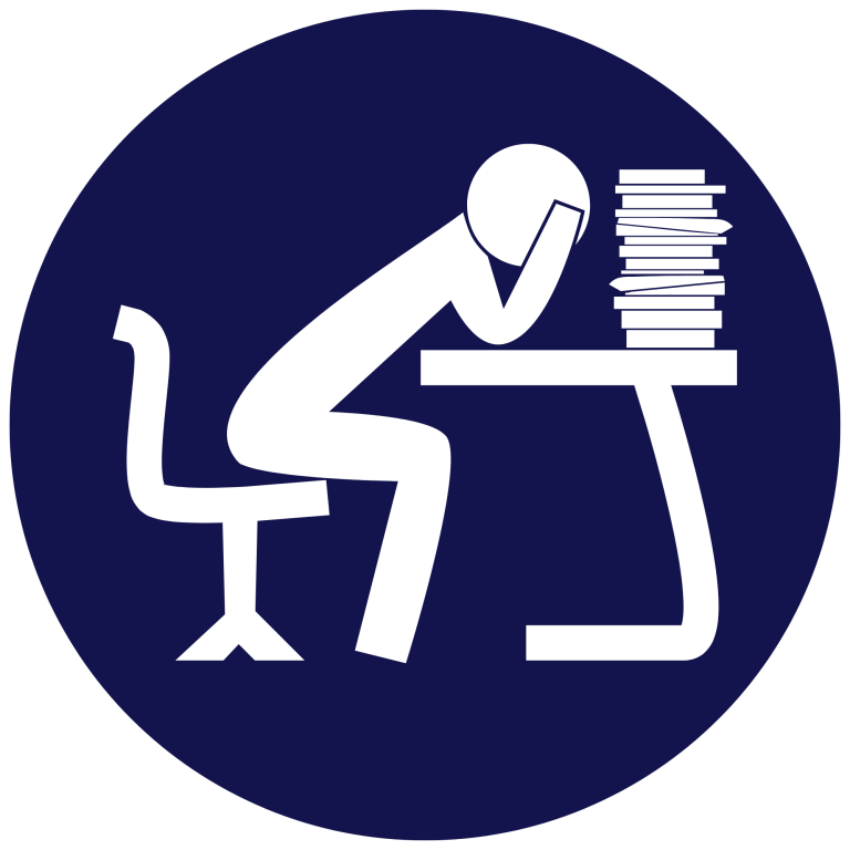 Figura de una persona sentada con la cabeza entre las manos, rodeada de pilas de documentos.