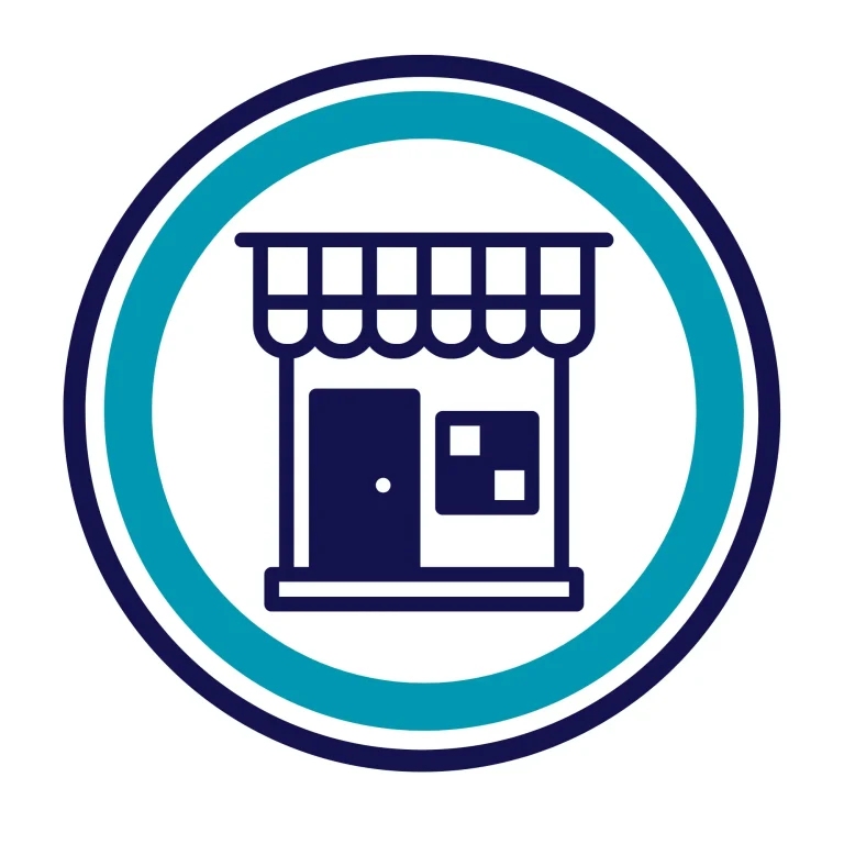 Icono de una tienda con puerta y ventanales en un círculo azul y verde.