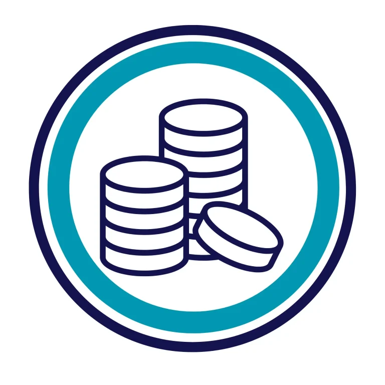 Icono de monedas apiladas en un círculo, representando finanzas o economía.