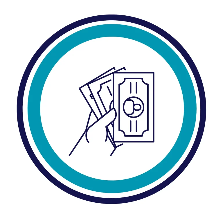 Mano sosteniendo billetes dentro de un círculo azul y blanco de un préstamo