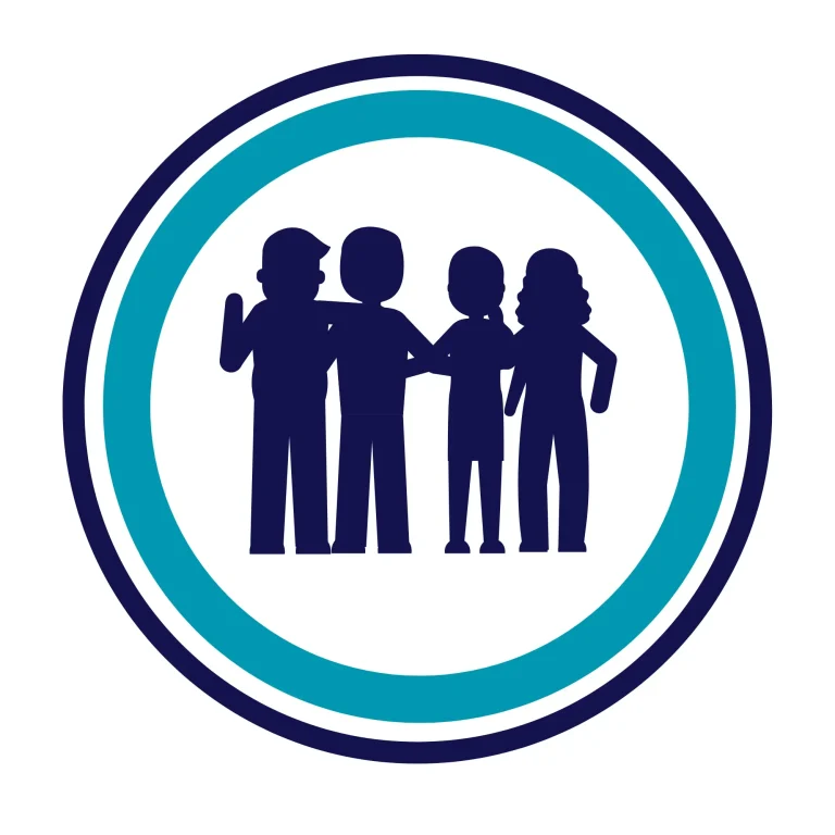 Siluetas de cuatro personas unidas en un círculo, simbolizando comunidad y colaboración para un hipoteca joven