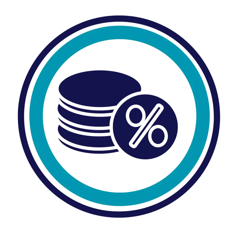 Icono que representa monedas y un símbolo de porcentaje de ahorro en fiscalidad